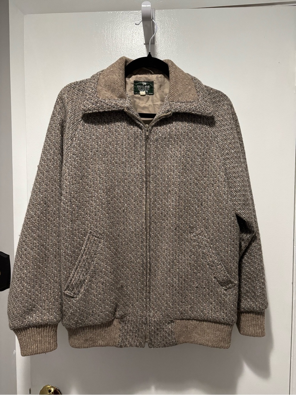 Falkland Islands 100% Wool Men's Taupe Knit Zip-Front Bomber Jacket